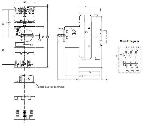 Plan mécanique - Omron Industrial Automation Démarreurs de moteur manuels J7MC